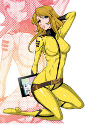  blonde_hair bodysuit breasts brown_eyes female long_hair looking_at_viewer military military_uniform mori_yuki nib_pen_(medium) photoshop_(medium) skin_tight solo tamaki_nozomu traditional_media uchuu_senkan_yamato uchuu_senkan_yamato_2199 uniform yellow_bodysuit 