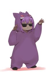  arm_up black_footwear blush closed_mouth commentary_request cosplay dark-skinned_female dark_skin fate/prototype fate/prototype:_fragments_of_blue_and_silver fate_(series) female full_body gengar gengar_(cosplay) hand_up hassan_of_serenity_(fate) highres hood hood_up i.u.y long_sleeves pokemon puffy_long_sleeves puffy_sleeves purple_hair shoes sleeves_past_wrists solo standing sunglasses very_dark_skin white_background 