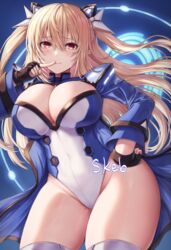  black_gloves blonde_hair blue_coat borrowed_character breasts buran_(22x) cleavage coat commentary_request commission contrapposto cowboy_shot female finger_to_mouth fingerless_gloves gloves groin hair_ornament hand_on_own_hip highleg highleg_leotard highres juliet_sleeves large_breasts leotard long_hair long_sleeves looking_at_viewer numako_(pizza_kanon) open_clothes open_coat original phantasy_star phantasy_star_online_2 pointy_ears protagonist_(pso2) puffy_sleeves red_eyes sidelocks skeb_commission smile solo standing thighhighs thighs two_side_up valgiris white_leotard white_thighhighs 