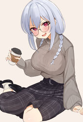  absurdres bespectacled black_footwear black_skirt blush braid breasts choco_tanuki cup disposable_cup ear_piercing female glasses grey_hair grey_sweater hair_between_eyes hair_over_shoulder hakase_fuyuki highres holding holding_cup jewelry large_breasts loafers long_hair long_sleeves looking_at_viewer low_twintails nijisanji open_mouth piercing pink_nails plaid plaid_skirt red_eyes ribbed_sweater ring round_eyewear shoes simple_background sitting skirt smile socks solo sweater twin_braids twintails v-shaped_eyebrows virtual_youtuber white_background white_socks yokozuwari 