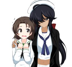  2girls absurdres aikir_(jml5160) arm_around_shoulder black_coat black_eyes black_hair blouse blue_neckerchief bow coat commentary dark-skinned_female dark_skin dixie_cup_hat frown girls_und_panzer hair_over_one_eye hairbow half-closed_eyes hands_on_own_chest hat highres long_hair long_sleeves looking_at_viewer midriff military_hat multiple_girls navel neckerchief ogin_(girls_und_panzer) ooarai_naval_school_uniform ooarai_school_uniform open_clothes open_coat open_mouth pleated_skirt ponytail red_bow sailor sailor_collar sawa_azusa scared school_uniform shirt side-by-side skirt smirk standing tearing_up trembling white_headwear white_shirt white_skirt 