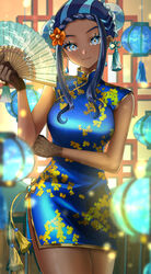  alternate_costume black_hair blue_dress blue_eyes blue_eyeshadow blue_hair blurry breasts bun_cover china_dress chinese_clothes closed_mouth commentary_request cowboy_shot dark-skinned_female dark_skin dress earclip eyelashes eyeshadow female flower folding_fan gloves hair_flower hair_ornament hand_fan hand_up highres holding holding_fan looking_at_viewer makeup multicolored_hair nessa_(pokemon) orange_flower paper_fan pokemon pokemon_swsh setta_shu sheer_gloves sidelocks sleeveless sleeveless_dress smile solo two-tone_hair 