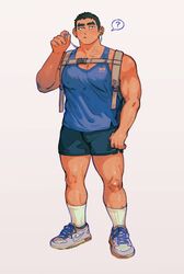  1boy ? absurdres backpack bag bara black_hair blue_shorts blue_tank_top blush bulge commentary covered_nipples dark-skinned_male dark_skin earrings full_body highres jewelry large_pectorals leg_hair lim_kim-liong_(shan) long_sideburns looking_at_viewer male_focus muscular muscular_male nike_(company) original pectoral_cleavage pectorals shan_(shanshankuo) shoes short_hair shorts side_slit side_slit_shorts sideburns single_earphone_removed sneakers socks solo spoken_question_mark standing sweat symbol-only_commentary tank_top thick_eyebrows thighs 