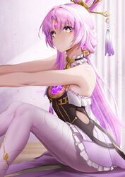  absurdres bare_shoulders breasts chinese_commentary commentary_request female forehead_jewel fu_xuan_(honkai:_star_rail) hair_ornament highres honkai:_star_rail honkai_(series) long_hair low_twintails paid_reward_available pantyhose parted_bangs pink_hair royboy sitting small_breasts solo thighs twintails very_long_hair white_pantyhose yellow_eyes 