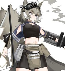  animal_ears arknights ashlock_(arknights) ashlock_(elite_ii)_(arknights) black_shirt black_shorts commentary_request cowboy_shot crop_top female grey_eyes grey_hair headgear highres large_tail midriff pelvic_curtain pouch shirt short_hair shorts signal_1120 solo standing stomach tail white_background 