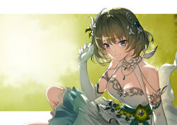  akanebi bare_shoulders breasts cleavage dress elbow_gloves feathers female flower gloves granblue_fantasy hair_ornament idolmaster idolmaster_cinderella_girls jewelry looking_at_viewer medium_breasts mole mole_under_eye necklace smile solo takagaki_kaede white_background 