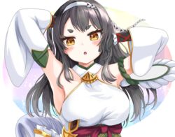  :o arm_behind_head armpits arms_up bare_shoulders black_gloves black_hair bluekalmia blush breast_poke breasts collar detached_sleeves eyelashes female gloves gold_trim hairband hand_in_own_hair head_tilt highres large_breasts long_hair long_sleeves looking_at_viewer nanao_(oshiro_project) open_mouth oshiro_project:re poking red_sash sash shirt short_eyebrows sleeveless sleeveless_shirt solo straight-on thick_eyebrows upper_body white_collar white_hairband white_shirt white_sleeves wide_sleeves yellow_eyes 