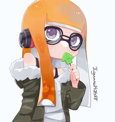  bad_id bad_twitter_id bare_shoulders black-framed_eyewear black_camisole camisole coat cosplay earrings female food fur-trimmed_jacket fur_trim glasses green_coat green_jacket headphones highres holding holding_food ice_cream iguana152588 inactive_account inkling_girl inkling_player_character jacket jewelry long_hair looking_to_the_side orange_hair persona persona_5 purple_eyes red_headwear sakura_futaba sakura_futaba_(cosplay) shirt simple_background solo splatoon_(series) twitter_username upper_body white_background white_shirt 