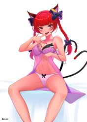  animal_ear_fluff animal_ears bare_shoulders black_bow blunt_bangs blush bow bow_panties bra braid breasts cameltoe cat_ears cat_tail cleavage clothes_lift collarbone commission feet_out_of_frame female hair_intakes hair_ribbon hairbow highres kaenbyou_rin licking licking_finger lifting_own_clothes lingerie long_hair looking_at_viewer medium_breasts midriff_peek multiple_tails nail_polish navel negligee nekomata oerba_yun_fang panties pink_negligee recare red_eyes red_hair red_nails ribbon see-through shirt_lift simple_background sitting solo strap_slip tail touhou tress_ribbon twin_braids twintails two_tails underwear underwear_only white_background white_bra white_panties 