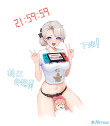  +_+ :d a-soul absurdres ava_(a-soul) bella_(a-soul) between_legs black_panties blue_eyes breasts character_doll chinese_commentary chinese_text commentary_request covered_nipples cowboy_shot crop_top diana_(a-soul) double_v eileen_(a-soul) female grey_hair hair_bun highres large_breasts looking_at_viewer midriff nail_polish navel navel_piercing nintendo_switch nipple_piercing object_on_breast open_clothes panties piercing shirt short_hair short_sleeves single_hair_bun sitting smile solo ta03545 translation_request underwear v virtual_youtuber white_shirt 