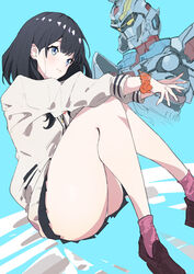  absurdres bad_id bad_pixiv_id black_hair black_skirt blue_background blue_eyes blush cardigan closed_mouth commentary english_commentary female gridman_(ssss) gridman_universe highres long_hair long_sleeves mecha miniskirt ocha_(popopogg) orange_scrunchie panties panty_peek pantyshot pink_socks pleated_skirt robot school_uniform scrunchie simple_background skirt socks ssss.gridman takarada_rikka thighs underwear white_cardigan white_panties wrist_scrunchie 