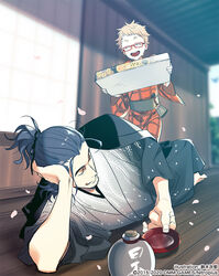  2boys ^_^ arm_support black_hair blonde_hair box closed_eyes commentary_request cup facial_hair glasses gourd hakata_toushirou japanese_clothes kimono lying male_focus multiple_boys nihongou_(touken_ranbu) official_art on_side open_mouth petals ponytail red-framed_eyewear sakazuki smile stubble suzuki_jirou touken_ranbu yukata 