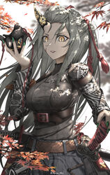  arknights autumn_leaves belt breasts cowboy_shot female fingernails green_nails grey_hair hand_on_weapon holding holding_mask horn_cover horns hoshiguma_(arknights) hoshiguma_(ronin_huntress)_(arknights) large_breasts leaf lips long_hair long_sleeves looking_at_viewer maple_leaf mask md5_mismatch nail_polish official_alternate_costume orange_eyes parted_lips sharp_fingernails sheath sheathed single_horn slit_pupils solo sword twitter_username unworn_mask upper_body v-shaped_eyebrows weapon yokaze_(yokajie) 