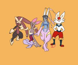  2020 absurd_res anthro antylamon armor bandai_namco biped black_body black_fur breasts brown_body brown_fur cinderace clothing courteney_rodriguez crescemon digimon digimon_(species) female fur generation_6_pokemon generation_8_pokemon group hands_on_hips hi_res horn jumping lagomorph leporid looking_at_viewer mammal mega_evolution mega_lopunny nintendo one_eye_closed open_mouth pink_body pink_eyes pink_fur pokemon pokemon_(species) pose rabbit red_eyes simple_background small_breasts smile standing tan_body tan_fur white_body white_fur wink yellow_background 