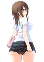  arm_at_side ass bag black_panties black_skirt blue_eyes bluekalmia blush breasts brown_hair carrying_bag clothes_grab cowboy_shot female from_behind hair_between_eyes hand_up handbag impossible_clothes long_hair looking_at_viewer looking_back medium_breasts miniskirt original panties print_shirt shirt sideways_glance simple_background skirt solo t-shirt twisted_torso underwear white_background white_shirt 