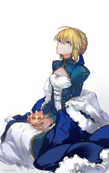  ahoge artoria_pendragon_(fate) blonde_hair blue_cape blue_ribbon braid braided_bun cape carimarica commentary_request dress expressionless fate/grand_order fate_(series) female from_side fur-trimmed_cape fur_trim green_eyes hair_bun highres juliet_sleeves long_sleeves looking_up puffy_sleeves ribbon saber_(fate) sitting solo unworn_cape white_background 