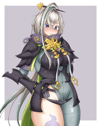  armor asymmetrical_clothes bad_id bad_pixiv_id blush bodysuit breastplate breasts covered_navel fate/grand_order fate_(series) female gauntlets gradient_hair green_hair grey_bodysuit grey_eyes grey_hair hair_between_eyes hair_ornament hairpin high_collar highleg highres huyan_zhuo_(fate) huyan_zhuo_(second_ascension)_(fate) large_breasts long_hair looking_at_viewer multicolored_hair pauldrons purple_eyes shoulder_armor single_pantsleg solo thick_thighs thighs tt_(xltt_1048) very_long_hair white_hair 