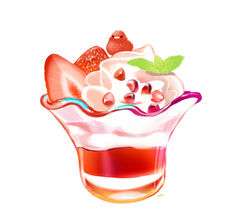  bird chai_(drawingchisanne) commentary_request food food_focus fruit ice_cream looking_at_viewer mint no_humans original parfait simple_background sitting_on_food strawberry sweets_bird white_background 