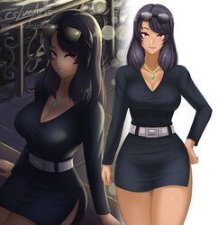  belt black_dress black_hair breasts casual cleavage contemporary cowboy_shot cslucaris dress eyewear_on_head female hand_on_own_hip jewelry large_breasts long_hair long_sleeves looking_at_viewer mole mole_under_mouth multiple_views necklace night outdoors patreon_username purple_eyes sharla_(xenoblade) side_slit signature simple_background smile thick_thighs thighs v-neck white_background xenoblade_chronicles_(series) xenoblade_chronicles_1 