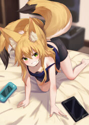  all_fours animal_ear_fluff animal_ears bare_arms bare_shoulders bed black_shorts blonde_hair blue_shirt blurry breasts depth_of_field female fox_ears fox_girl fox_tail game_console green_eyes grin highres indoors ipad kokonoe_tsubaki long_hair looking_at_viewer multiple_tails nintendo_switch_lite on_bed original ponytail shirt short_shorts shorts sleeveless sleeveless_shirt small_breasts smile solo strap_slip tablet_pc tail two_tails yoshizawa_tsubaki 