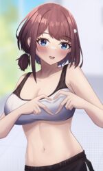  :d absurdres bare_arms bare_shoulders blue_eyes blush borrowed_character breasts brown_hair cleavage commentary crop_top female hair_ornament hairclip highres keaworks large_breasts looking_at_viewer midriff navel original short_hair smile solo sports_bra stomach upper_body white_sports_bra 