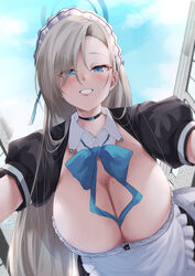  apron asuna_(blue_archive) black_choker blue_archive blue_bow blue_bowtie blue_eyes blush bow bowtie breasts choker cleavage commentary_request detached_collar female grey_hair halo highres ibara_azuki large_breasts long_hair looking_at_viewer maid_headdress mole mole_on_breast outdoors parted_lips puffy_short_sleeves puffy_sleeves short_sleeves solo white_apron white_headwear 