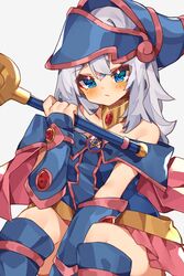  absurdres aridonall blue_eyes blue_footwear blush boots closed_mouth commission cosplay dark_magician_girl dark_magician_girl_(cosplay) female grey_hair highres knee_boots long_hair looking_at_viewer original solo yu-gi-oh! 