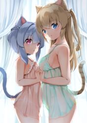  2girls animal_ears ass bare_arms bare_shoulders blue_eyes blue_hair blush braid breasts brown_hair cat_ears cat_girl cat_tail closed_mouth commentary_request curtains hair_between_eyes highres hiyori-chan holding_hands interlocked_fingers lingerie looking_at_viewer medium_breasts multiple_girls negligee one_side_up original panties parted_lips purple_eyes see-through smile sora_(silent_square) tail tail_raised tsugumi-chan_(sora) underwear underwear_only white_panties yellow_panties 