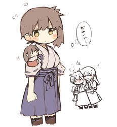  2girls akagi_(kancolle) akagi_kai_ni_(kancolle) arm_hug black_thighhighs blue_hakama blush brown_hair chibi commentary hakama heart ina_(1813576) japanese_clothes kaga_(kancolle) kaga_kai_ni_(kancolle) kantai_collection kimono kneehighs long_hair looking_at_another multiple_girls red_hakama side_ponytail simple_background socks symbol-only_commentary thighhighs white_background white_kimono 