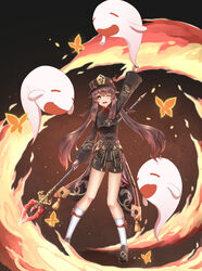  ;d animal arm_up black_footwear black_hat black_jacket black_nails black_shorts boo_tao_(genshin_impact) brown_hair bug butterfly chahei commentary female fire flower flower-shaped_pupils genshin_impact ghost hat hat_flower highres holding holding_weapon hu_tao_(genshin_impact) jacket long_hair long_sleeves looking_at_viewer nail_polish one_eye_closed red_eyes red_flower red_shirt shirt shoes short_shorts shorts smile socks solo staff_of_homa_(genshin_impact) symbol-shaped_pupils twintails very_long_hair weapon white_socks wide_sleeves 