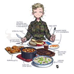  absurdres arrow_(symbol) artist_logo blonde_hair blush breasts camouflage camouflage_jacket cheese closed_eyes closed_mouth commentary cooking_pot english_commentary english_text facing_viewer female finland finnish_army food fork highres holding holding_fork holding_knife jacket kaisa_taivaljarvi knife long_sleeves military military_rank_insignia military_uniform ostwindprojekt pastry pinky_out seno_lepo short_hair signature simple_background smile solo stew uniform unmoving_pattern white_background 