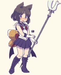  animal_ears back_bow bishoujo_senshi_sailor_moon black_eyes black_footwear black_hair black_sailor_collar black_skirt blush boots bow bowtie choker commentary_request cosplay female fox_ears fox_girl fox_tail full_body gloves holding holding_trident holding_weapon kukuri_(mawaru) magical_girl mawaru_(mawaru) miniskirt open_mouth original pleated_skirt red_bow red_bowtie sailor_collar sailor_saturn sailor_saturn_(cosplay) sailor_senshi_uniform shirt short_hair short_sleeves silence_glaive simple_background skirt solo standing star_(symbol) star_choker tail weapon white_gloves white_shirt yellow_background 