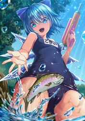  animal bare_arms bare_legs bare_shoulders blue_bow blue_eyes blue_hair blue_one-piece_swimsuit bow cirno covered_navel cowboy_shot fairy female fish hair_between_eyes hairbow highres hijikawa_arashi holding holding_water_gun ice ice_wings name_tag one-piece_swimsuit open_mouth school_swimsuit short_hair smile solo swimsuit touhou trout water_gun wings 