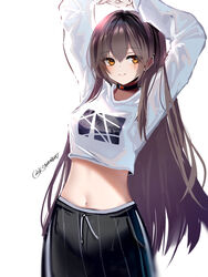  arms_up black_choker casual choker cowboy_shot crop_top female girls&#039;_frontline grey_hair highres ksartworks long_hair long_sleeves midriff navel official_alternate_costume one_side_up scar scar_across_eye scar_on_face shirt simple_background solo standing ump45_(corona_sunset)_(girls&#039;_frontline) ump45_(girls&#039;_frontline) white_background white_shirt 