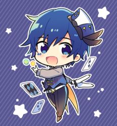  1boy belt black_feathers blue_background blue_eyes blue_hair blue_headwear blue_vest card chibi circus club_(shape) diamond_(shape) facial_tattoo feathers gloves hat hat_feather holding holding_knife kaito_(vocaloid) knife looking_at_viewer magical_mirai_(vocaloid) magical_mirai_kaito magical_mirai_kaito_(2019) male_focus open_mouth pants playing_card sinaooo smile spade_(shape) star_(symbol) striped striped_background tattoo throwing_knife vest vocaloid weapon white_gloves 