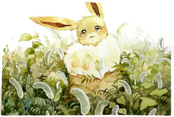  animal_focus blush blush_stickers border brown_eyes commentary eevee full_body highres kamonabe_(kamonabeekon) no_humans open_mouth outdoors painting_(medium) plant pokemon pokemon_(creature) solo traditional_media watercolor_(medium) white_border 