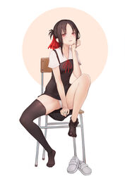  absurdres beige_background black_dress black_hair blush breasts chair collarbone commentary doha_skylightscent dress female folded_ponytail hair_ribbon highres kaguya-sama_wa_kokurasetai_~tensai-tachi_no_renai_zunousen~ korean_commentary looking_at_viewer no_shoes panties parted_bangs parted_lips photoshop_(medium) red_eyes red_ribbon ribbon school_chair school_uniform shinomiya_kaguya shirt shoes short_hair short_sleeves shuuchiin_academy_school_uniform sidelocks simple_background sitting small_breasts smile solo summer_uniform teeth thighhighs thighhighs_pull underwear unworn_shoes upper_teeth_only white_background white_panties white_shirt 