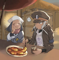  1boy ? akari_(pokemon) black_coat blush chewing chopsticks closed_mouth coat commentary_request cup eating evening facial_hair female food galaxy_expedition_team_survey_corps_uniform goatee grey_eyes grey_hair happy hat head_scarf high_collar imomochi ingo_(pokemon) iwashiba looking_at_another mochi oil-paper_umbrella outdoors overcoat peaked_cap pearl_clan_outfit pokemon pokemon_legends:_arceus red_scarf scarf sideburns smile sparkle speech_bubble spoken_question_mark torn_clothes torn_coat umbrella undershirt yunomi 