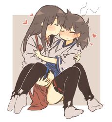  2girls akagi_(kancolle) akagi_kai_ni_(kancolle) black_thighhighs blue_hakama blush brown_hair closed_eyes closed_mouth commentary_request hakama heart ina_(1813576) japanese_clothes kaga_(kancolle) kaga_kai_ni_(kancolle) kantai_collection kimono kissing long_hair multiple_girls red_hakama side_ponytail sitting thighhighs white_kimono yuri 