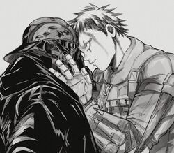  2boys aikawa_(dorohedoro) alternate_costume black_hoodie couple dorohedoro facial_mark florbetriz gloves greyscale heads_together helmet highres holding holding_another&#039;s_head hood hood_down hoodie long_sleeves looking_at_another male_focus monochrome multicolored_hair multiple_boys muscular muscular_male risu_(dorohedoro) simple_background two-tone_hair upper_body yaoi 