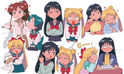  5girls :d aino_minako animal artemis_(sailor_moon) bishoujo_senshi_sailor_moon black_hair black_sailor_collar black_skirt blonde_hair blue_eyes blue_hair blue_sailor_collar blue_skirt blush bow briefcase brown_hair brown_sailor_collar brown_skirt closed_eyes closed_mouth crescent crescent_facial_mark crossed_arms double_bun eye_contact facial_mark feline forehead_mark grey_shirt hair_bobbles hair_bun hair_ornament hairbow hand_on_own_cheek hand_on_own_face hand_up hands_on_own_cheeks hands_on_own_face hands_up heart highres hino_rei holding holding_animal holding_briefcase holding_cat juuban_middle_school_uniform kino_makoto kino_makoto&#039;s_school_uniform long_hair long_sleeves looking_at_another mizuno_ami multiple_girls neckerchief open_mouth pleated_skirt ponytail red_bow red_neckerchief sailor_collar school_briefcase school_uniform serafuku shirt short_hair simple_background skirt smile smug sparkle steam sweat ta_girls_school_uniform tears tsubobot tsukino_usagi twintails white_background white_cat white_shirt 