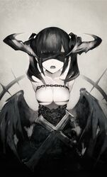  absurdres arms_behind_back black_wings blindfold bra breasts chained chains commentary covered_eyes cross english_commentary facing_viewer female greyscale gyup highres horns large_breasts medium_hair monochrome no_shirt oerba_yun_fang open_mouth original sidelocks skin_fang solo twintails underwear wings 