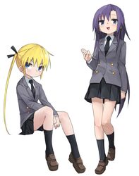  2girls :d arm_at_side black_necktie black_ribbon black_skirt black_socks blazer blonde_hair blue_eyes blush brown_footwear closed_mouth collared_shirt frown full_body goshiki_agiri grey_jacket hair_ribbon hand_up happy highres invisible_chair jacket kill_me_baby loafers long_hair long_sleeves miniskirt multiple_girls necktie open_mouth pleated_skirt purple_hair ribbon school_uniform shirt shoes simple_background sitting skirt smile socks sonya_(kill_me_baby) standing twintails very_long_hair waving white_background white_shirt yachima_tana 