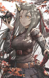  arknights autumn_leaves belt breasts cowboy_shot female fingernails green_nails grey_hair hand_on_weapon holding holding_mask horn_cover horns hoshiguma_(arknights) hoshiguma_(ronin_huntress)_(arknights) large_breasts leaf lips long_hair long_sleeves looking_at_viewer maple_leaf mask nail_polish official_alternate_costume orange_eyes parted_lips sharp_fingernails sheath sheathed single_horn slit_pupils solo sword twitter_username unworn_mask upper_body v-shaped_eyebrows weapon yokaze_(yokajie) 