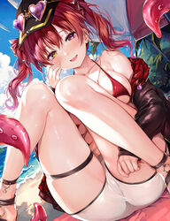  :d anklet ass bare_shoulders beach_umbrella bikini bikini_top_only blush breasts chiyingzai cloud collarbone day eyewear_on_headwear female hat heart heart-shaped_eyewear heterochromia highres hololive houshou_marine houshou_marine_(summer) jacket jewelry large_breasts long_hair looking_at_viewer official_alternate_costume outdoors red_eyes red_hair red_ribbon ribbon shorts sky smile solo swimsuit tentacle thigh_strap thighs twintails umbrella variant_set virtual_youtuber yellow_eyes 