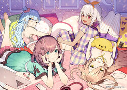  4girls :d bare_shoulders barefoot bed_sheet blue_eyes blue_hair braid breasts brown_hair camisole can cellphone cleavage closed_mouth commentary_request computer dark-skinned_female dark_skin dress energy_drink frilled_pillow frills green_dress hair_between_eyes hair_ornament hair_ribbon hair_scrunchie hairclip hayama_marin head_rest headphones hugging_object indoors kitada_mo laptop legs_up light_brown_hair looking_at_viewer lying medium_breasts monster_energy multiple_girls nail_polish_bottle nijisanji no_shoes nui_sociere oerba_yun_fang on_back one_eye_closed open_mouth orange_ribbon pajamas pants pantyhose phone pillow pillow_hug pink_legwear pink_scrunchie plaid plaid_pants plaid_shirt purple_camisole purple_shorts red_eyes red_ribbon ribbon scrunchie shirt short_shorts short_sleeves shorts sitting smartphone smile socks star_(symbol) striped_clothes striped_pantyhose stuffed_animal stuffed_toy suzuhara_lulu teddy_bear thighhighs vertical-striped_clothes vertical-striped_pantyhose virtual_youtuber watermark white_hair x_hair_ornament yellow_eyes yukishiro_mahiro 