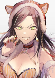  animal_ears animal_hood arm_guards bare_shoulders black_hair bracelet breasts brown_hair cleavage collarbone dress earrings fake_animal_ears female fur-trimmed_dress fur_armlet fur_bracelet fur_trim green_eyes grin hood idolmaster idolmaster_cinderella_girls idolmaster_cinderella_girls_starlight_stage jewelry large_breasts long_hair looking_at_viewer mukai_takumi open_mouth parted_bangs red_nails ring sako_misaki signature simple_background smile solo v-shaped_eyebrows white_background 