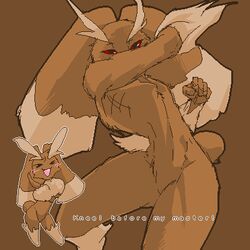  1:1 2008 ambiguous_gender anthro brown_arms brown_background brown_body brown_ears brown_fur brown_hands brown_tail digital_media_(artwork) dipstick_ears ear_markings featureless_crotch feet fist floppy_ears fur generation_4_pokemon kazuhiro kemono leg_markings long_ears looking_at_viewer lopunny low_res markings monotone_hands monotone_tail multicolored_body multicolored_ears multicolored_fur nintendo nude oekaki pokemon pokemon_(species) red_eyes short_tail simple_background socks_(marking) solo tail tan_body tan_ears tan_feet tan_fur two_tone_body two_tone_ears two_tone_fur 