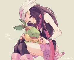  beanie blush boots brown_hair brown_legwear commentary_request dawn_(pokemon) female grey_headwear hair_ornament hairclip hat head_down highres holding holding_pokemon komasawa_(fmn-ppp) legs_together long_hair open_mouth over-kneehighs pink_footwear pokemon pokemon_(creature) pokemon_dppt scarf sidelocks skirt smile thighhighs turtwig 