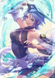  :d absurdres aqua_(kingdom_hearts) arm_up armpits bare_shoulders black_shorts blue_eyes blue_hair breasts commentary corset cowboy_shot detached_sleeves female fingerless_gloves glint gloves highres keyblade kingdom_hearts looking_at_viewer medium_breasts mike_(mike-neko-chip) open_mouth rainfell short_hair shorts sleeveless smile solo symbol-only_commentary teeth thighhighs twitter_username upper_teeth_only water water_drop 